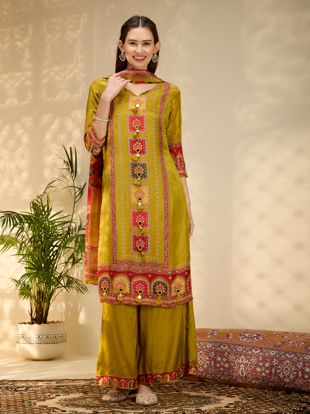 Ethnic Floral Printed & Embroidered Straight Fit Kurta with Pant and Dupatta - Lime Green