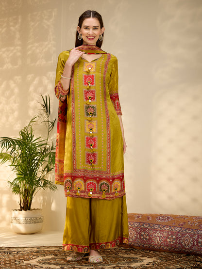 Ethnic Floral Printed & Embroidered Straight Fit Kurta with Pant and Dupatta - Lime Green