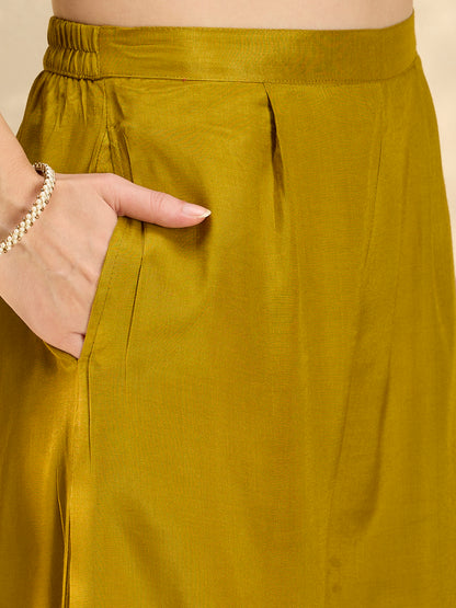 Ethnic Floral Printed & Embroidered Straight Fit Kurta with Pant and Dupatta - Lime Green