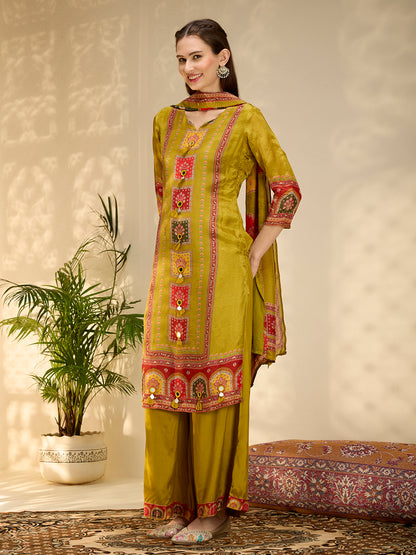 Ethnic Floral Printed & Embroidered Straight Fit Kurta with Pant and Dupatta - Lime Green