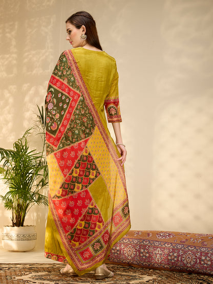 Ethnic Floral Printed & Embroidered Straight Fit Kurta with Pant and Dupatta - Lime Green