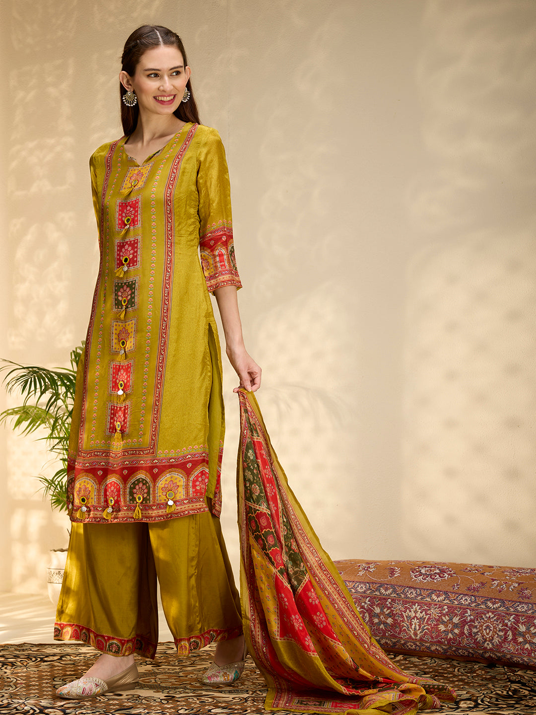 Ethnic Floral Printed & Embroidered Straight Fit Kurta with Pant and Dupatta - Lime Green