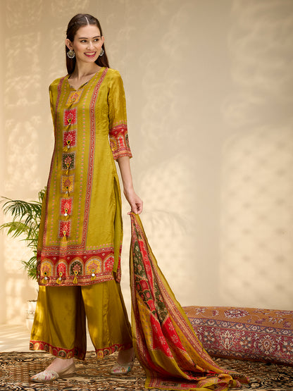 Ethnic Floral Printed & Embroidered Straight Fit Kurta with Pant and Dupatta - Lime Green