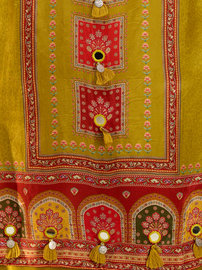 Ethnic Floral Printed & Embroidered Straight Fit Kurta with Pant and Dupatta - Lime Green