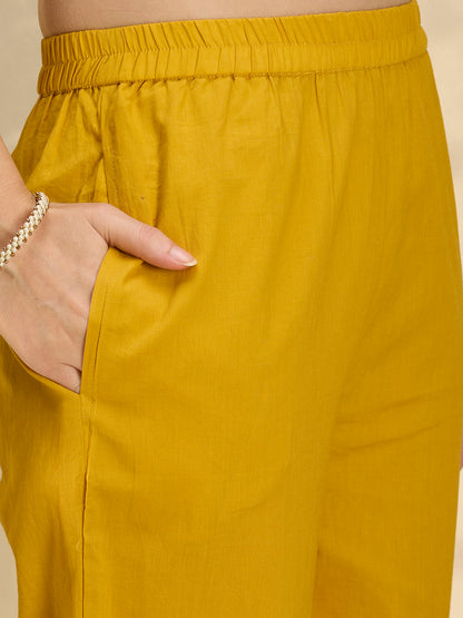 Solid Elephant Work Embroidered Straight Kurta with Palazzo & Dupatta - Yellow