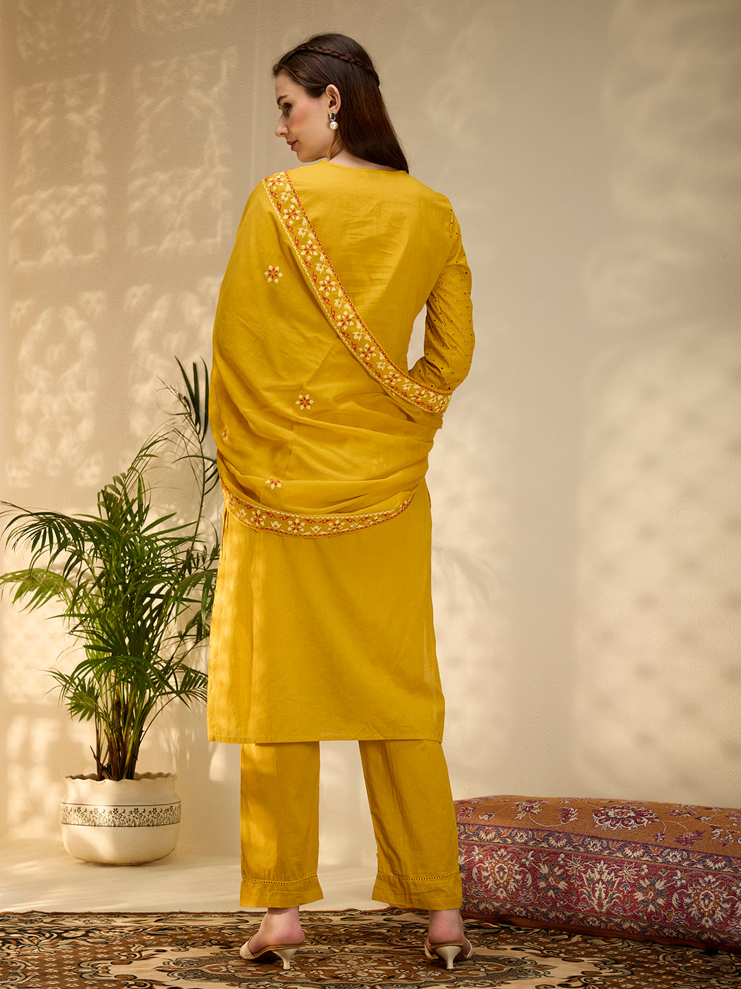Solid Elephant Work Embroidered Straight Kurta with Palazzo & Dupatta - Yellow