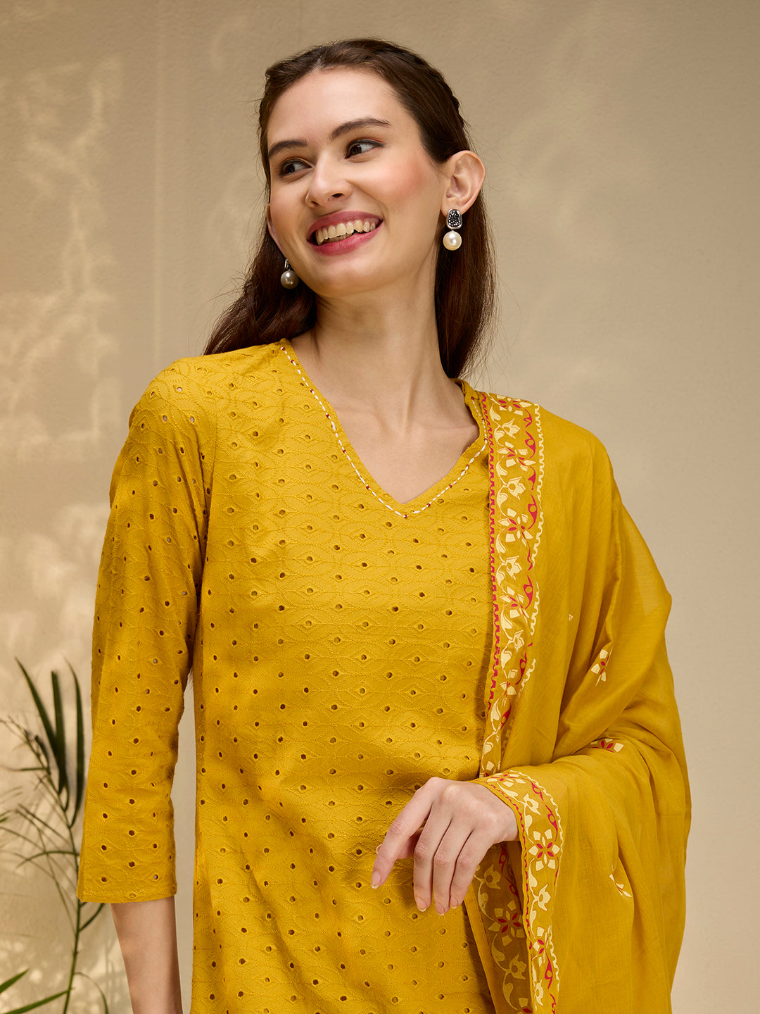 Solid Elephant Work Embroidered Straight Kurta with Palazzo & Dupatta - Yellow