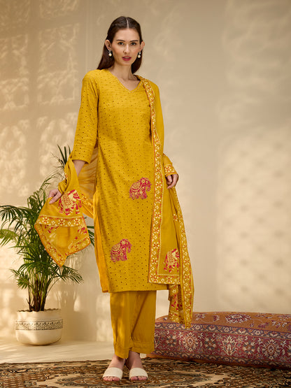 Solid Elephant Work Embroidered Straight Kurta with Palazzo & Dupatta - Yellow