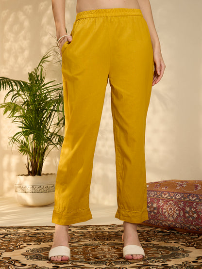 Solid Elephant Work Embroidered Straight Kurta with Palazzo & Dupatta - Yellow