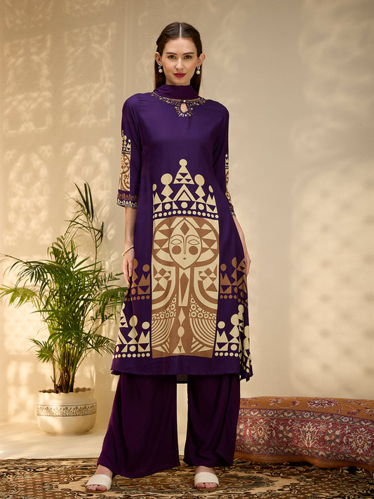 Geometric Printed & Embroidered A-Line Kurta with Palazzo & Dupatta - Purple
