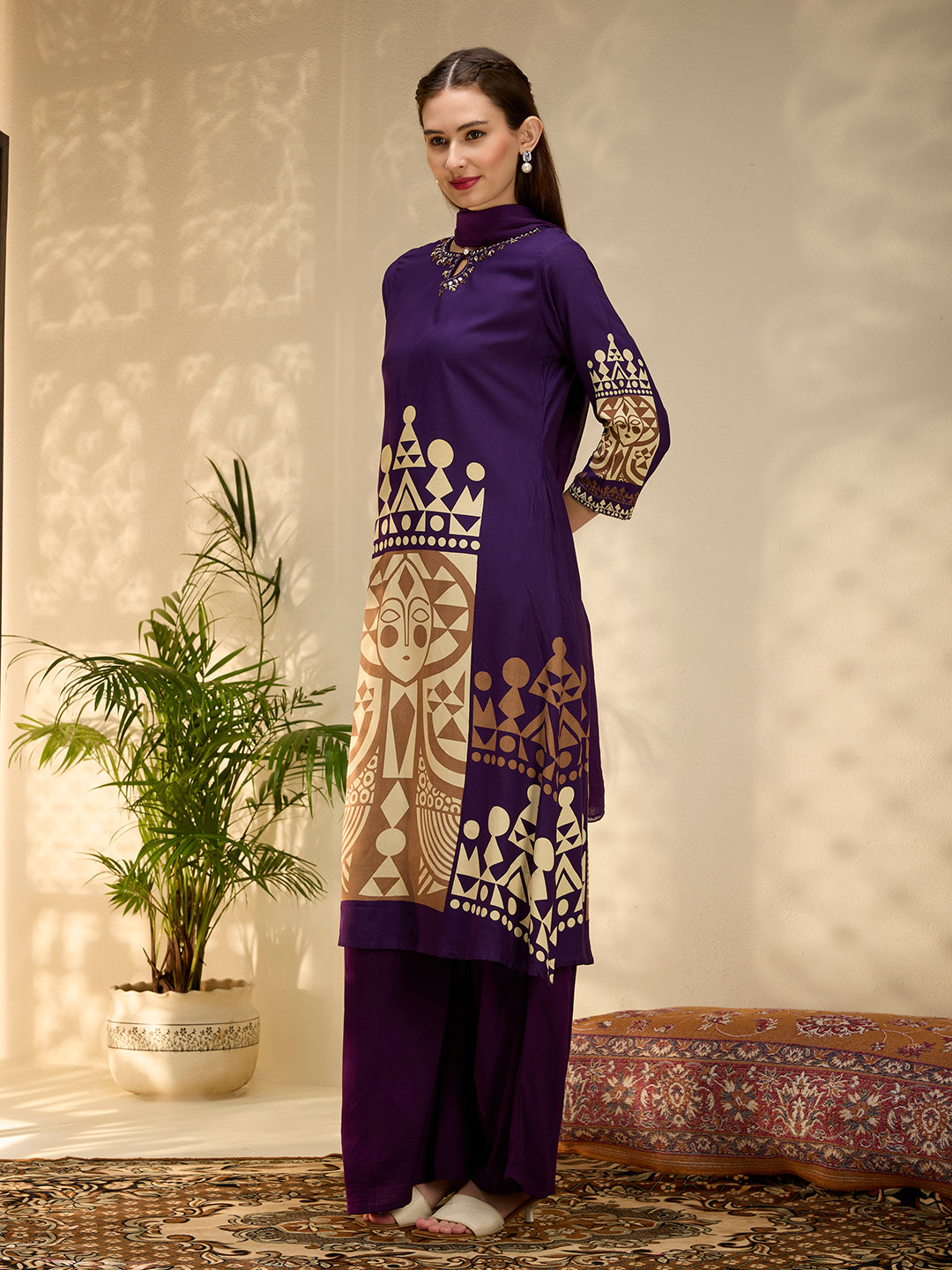 Geometric Printed & Embroidered A-Line Kurta with Palazzo & Dupatta - Purple