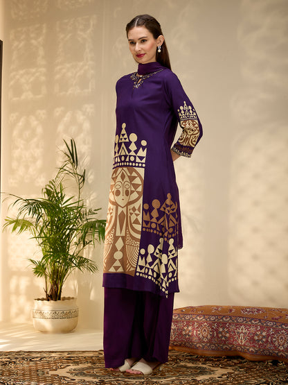 Geometric Printed & Embroidered A-Line Kurta with Palazzo & Dupatta - Purple
