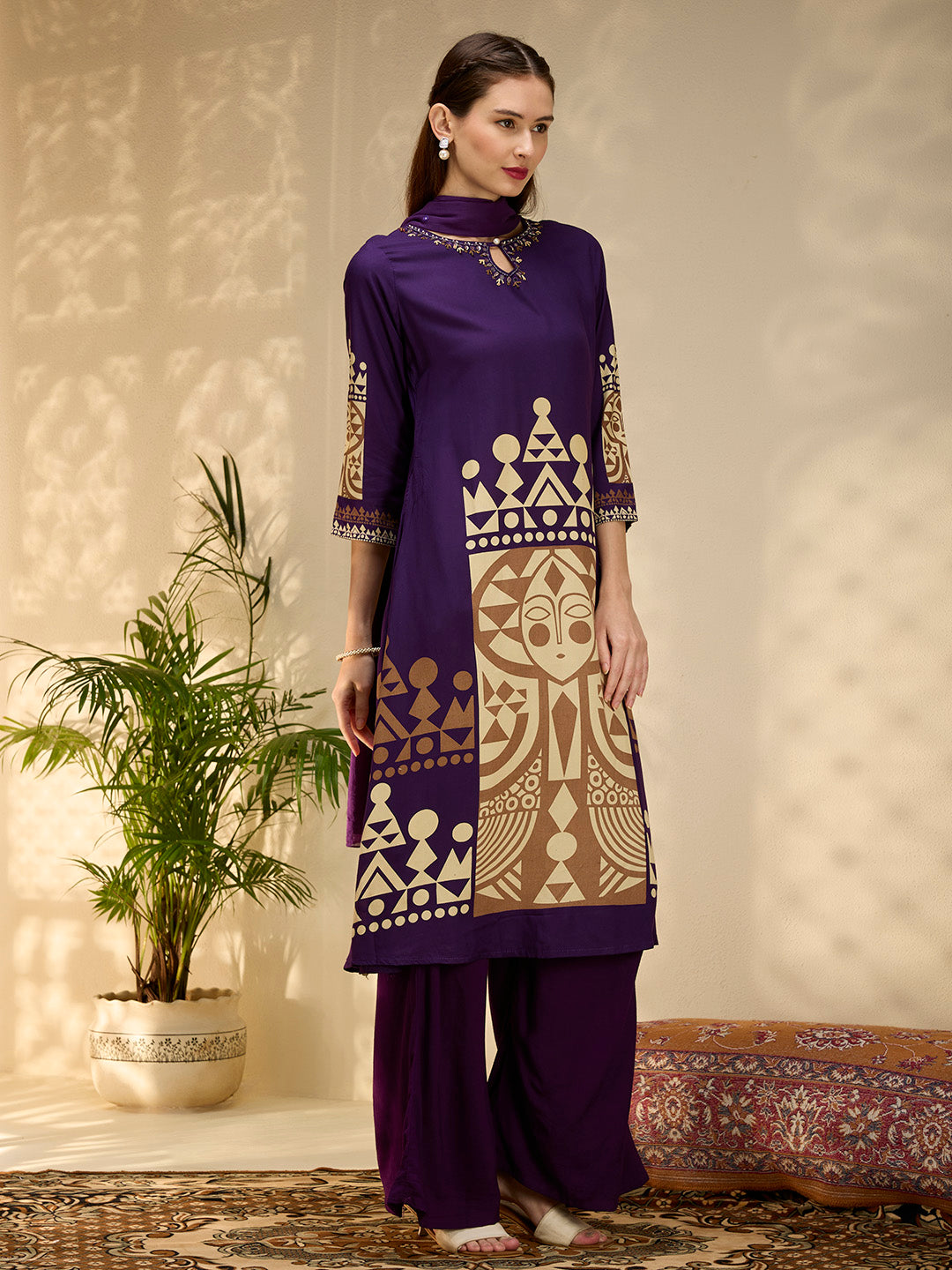 Geometric Printed & Embroidered A-Line Kurta with Palazzo & Dupatta - Purple