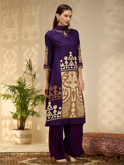 Geometric Printed & Embroidered A-Line Kurta with Palazzo & Dupatta - Purple