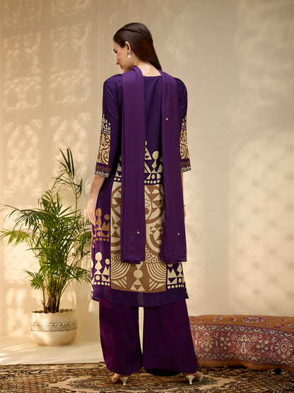 Geometric Printed & Embroidered A-Line Kurta with Palazzo & Dupatta - Purple