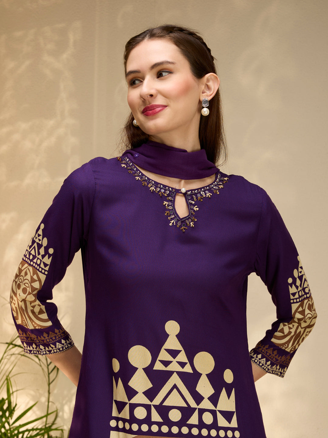 Geometric Printed & Embroidered A-Line Kurta with Palazzo & Dupatta - Purple