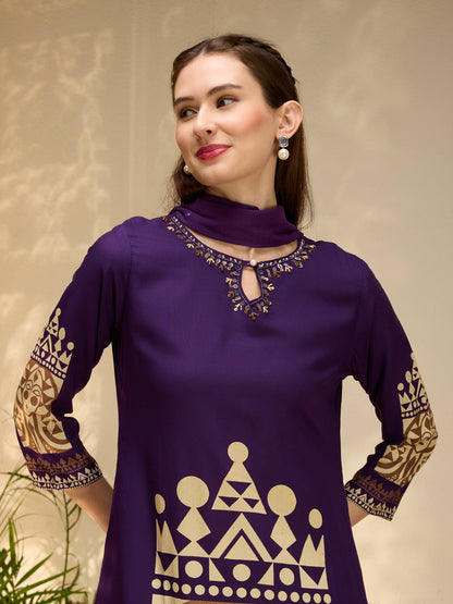 Geometric Printed & Embroidered A-Line Kurta with Palazzo & Dupatta - Purple