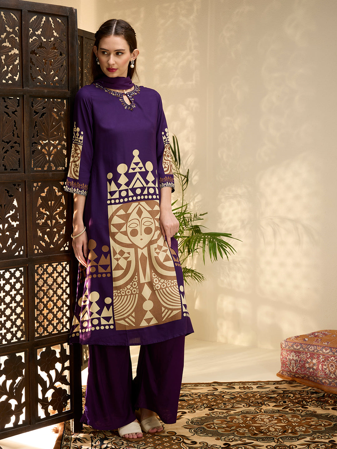 Geometric Printed & Embroidered A-Line Kurta with Palazzo & Dupatta - Purple