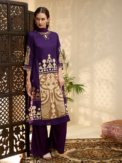 Geometric Printed & Embroidered A-Line Kurta with Palazzo & Dupatta - Purple
