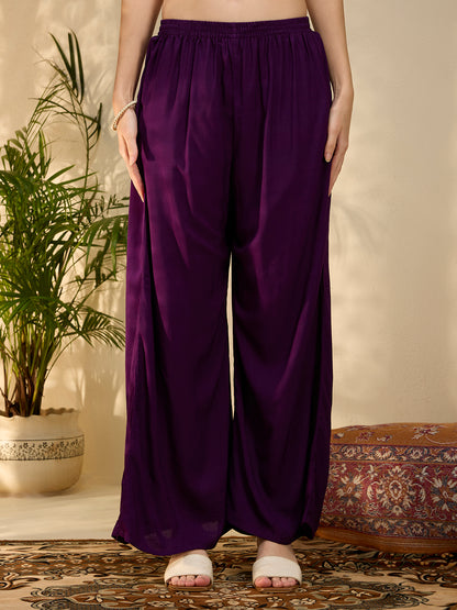 Geometric Printed & Embroidered A-Line Kurta with Palazzo & Dupatta - Purple