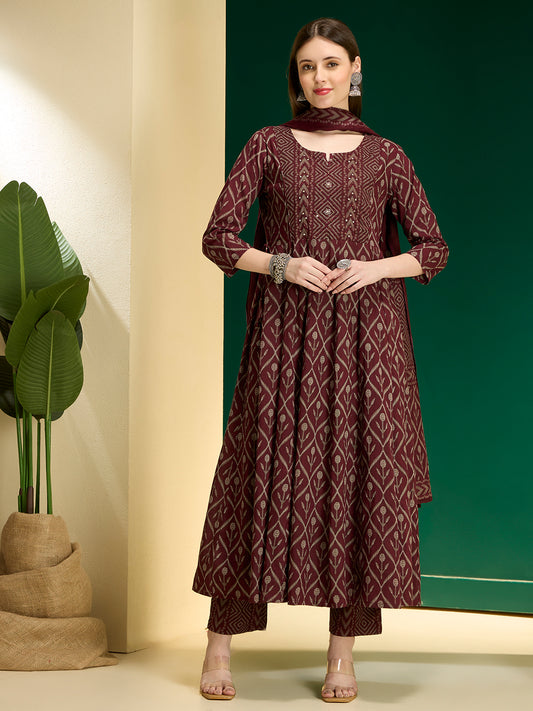 Ethnic Floral Printed Embroidered Anarkali Kurta with Pant & Dupatta - Wine