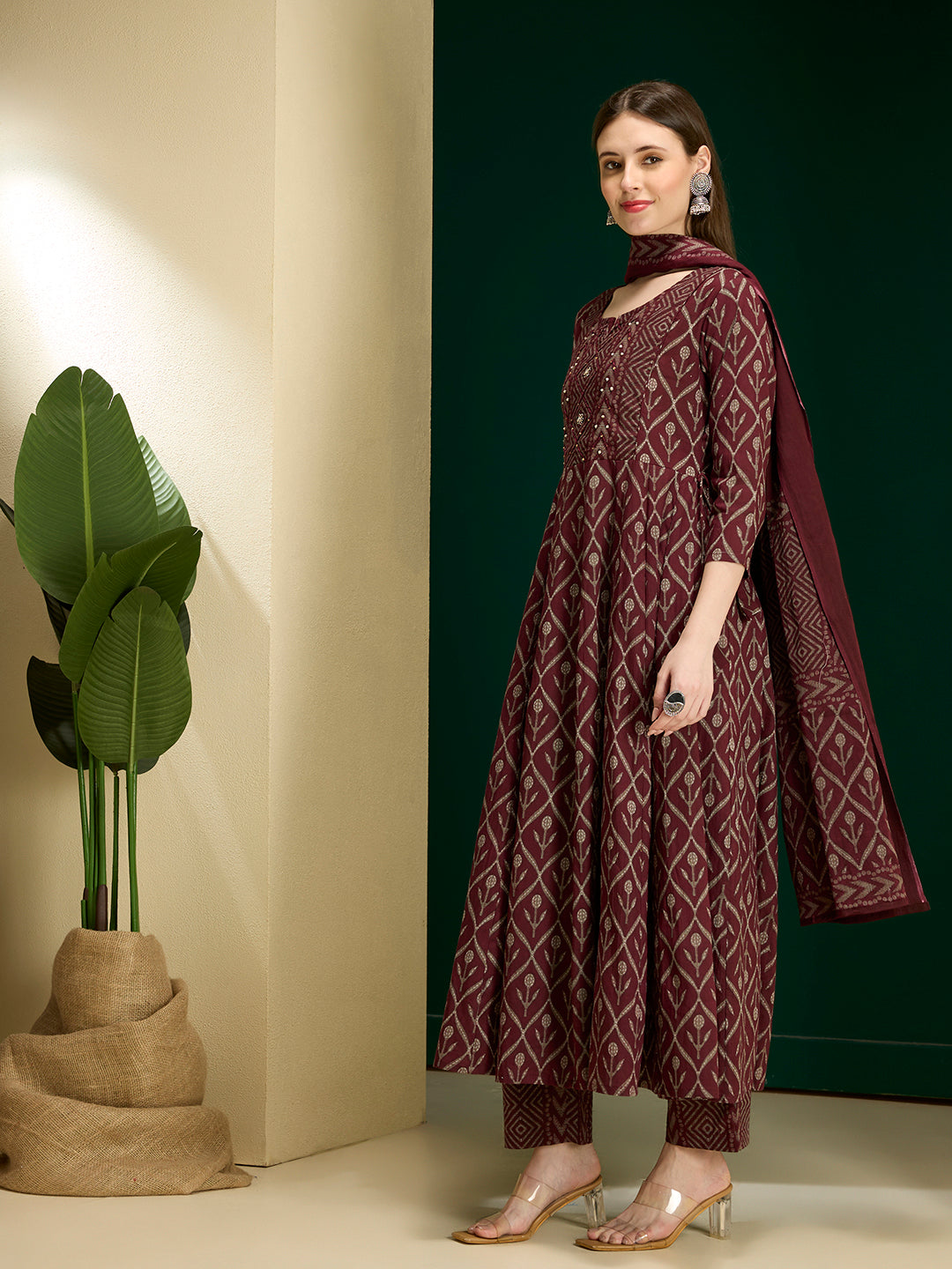 Ethnic Floral Printed Embroidered Anarkali Kurta with Pant & Dupatta - Wine