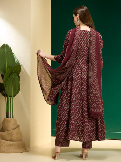 Ethnic Floral Printed Embroidered Anarkali Kurta with Pant & Dupatta - Wine
