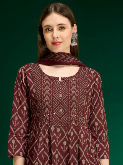 Ethnic Floral Printed Embroidered Anarkali Kurta with Pant & Dupatta - Wine