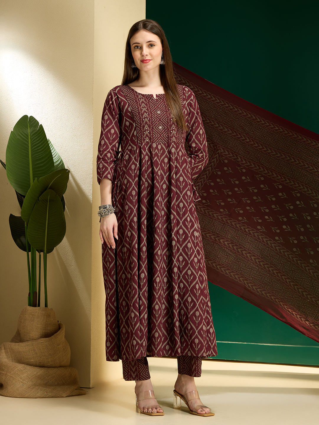 Ethnic Floral Printed Embroidered Anarkali Kurta with Pant & Dupatta - Wine