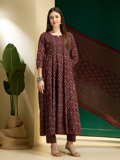 Ethnic Floral Printed Embroidered Anarkali Kurta with Pant & Dupatta - Wine
