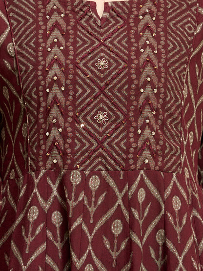 Ethnic Floral Printed Embroidered Anarkali Kurta with Pant & Dupatta - Wine