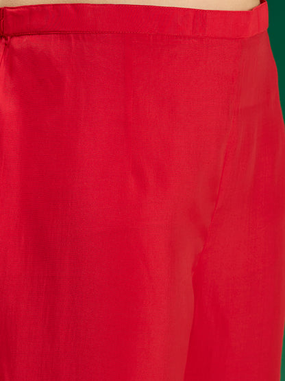 Solid Floral Hand Embroidered Straight Fit Kurta with Pant & Dupatta - Red