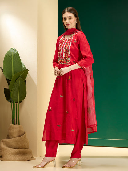 Solid Floral Hand Embroidered Straight Fit Kurta with Pant & Dupatta - Red