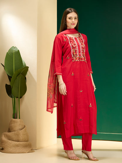 Solid Floral Hand Embroidered Straight Fit Kurta with Pant & Dupatta - Red