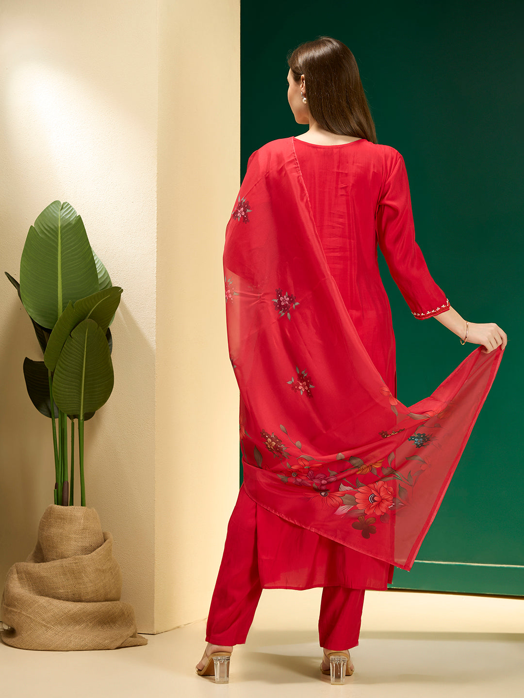 Solid Floral Hand Embroidered Straight Fit Kurta with Pant & Dupatta - Red
