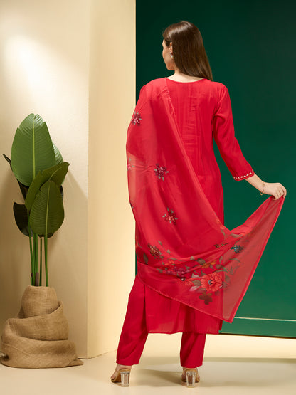 Solid Floral Hand Embroidered Straight Fit Kurta with Pant & Dupatta - Red