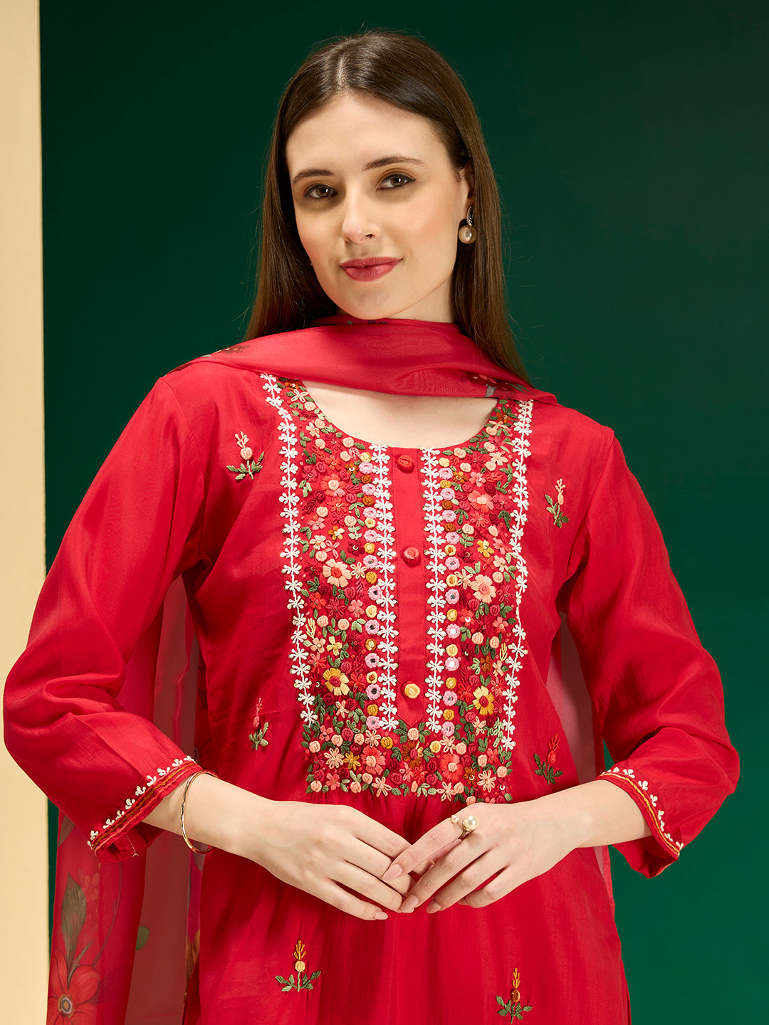 Solid Floral Hand Embroidered Straight Fit Kurta with Pant & Dupatta - Red