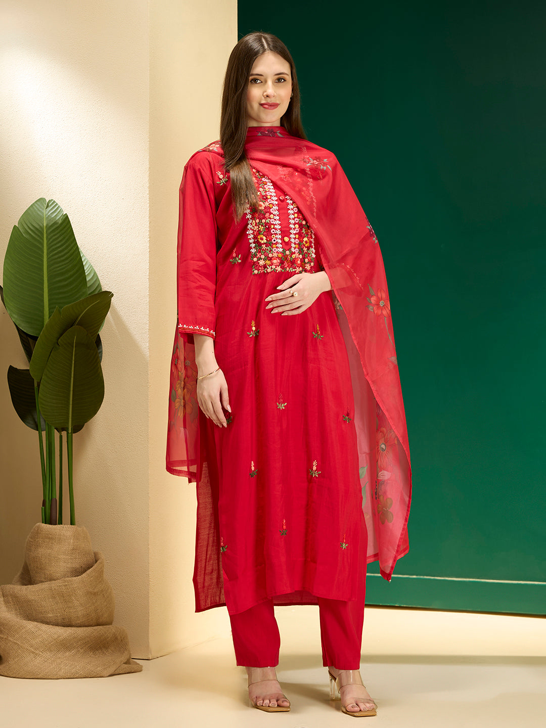 Solid Floral Hand Embroidered Straight Fit Kurta with Pant & Dupatta - Red