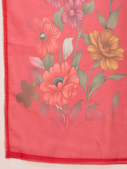 Solid Floral Hand Embroidered Straight Fit Kurta with Pant & Dupatta - Red