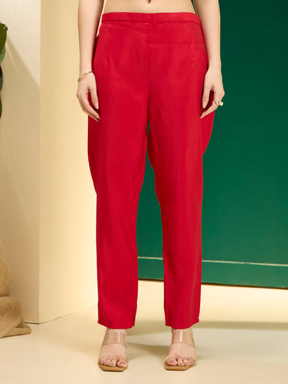 Solid Floral Hand Embroidered Straight Fit Kurta with Pant & Dupatta - Red