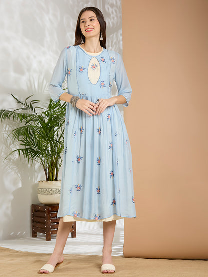 Solid Floral Embroidered A-Line Pleated Jacket with Midi Dress - Blue