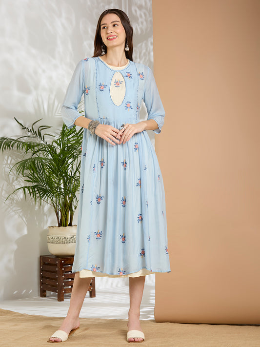 Solid Floral Embroidered A-Line Pleated Jacket with Midi Dress - Blue