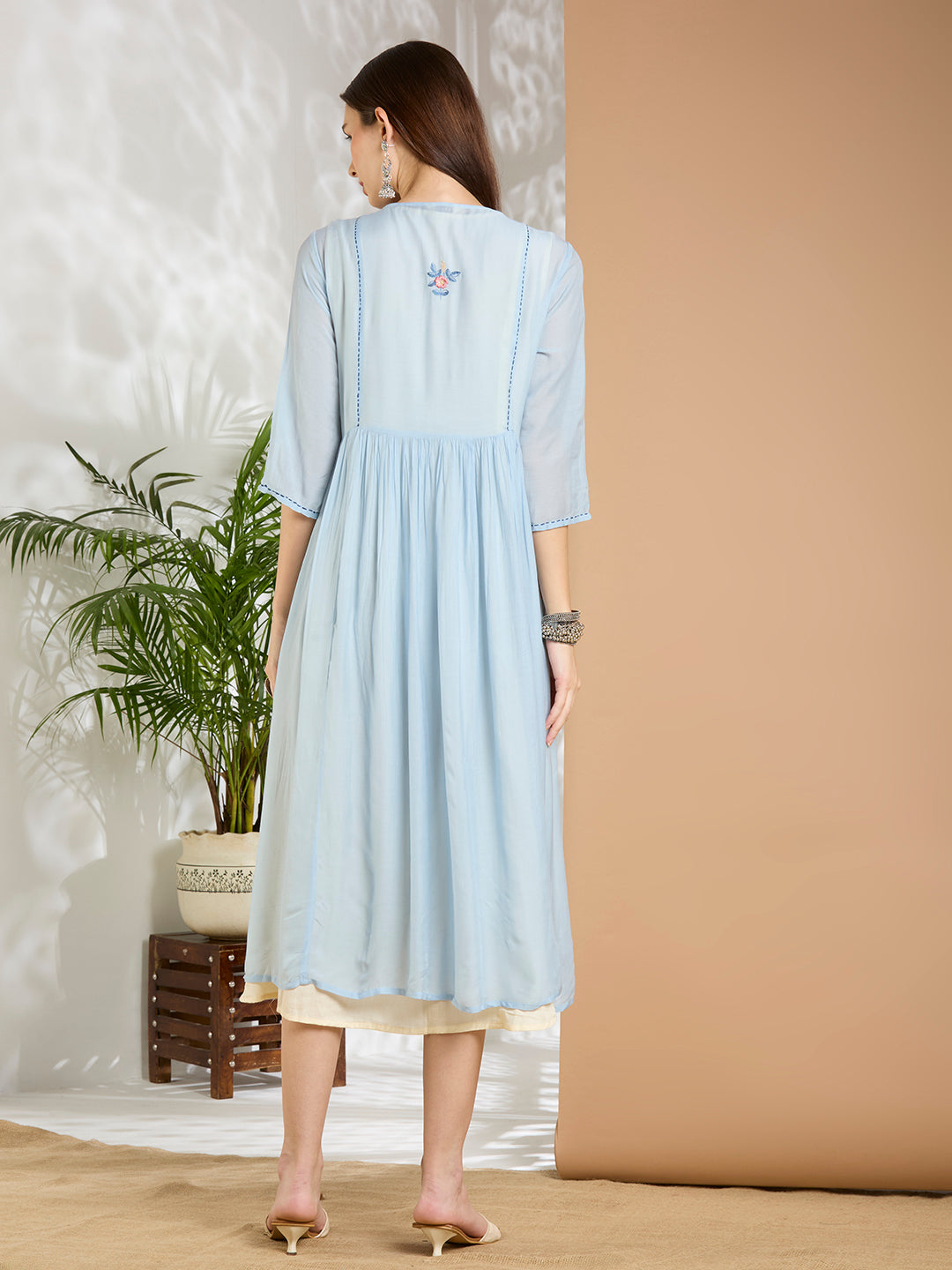 Solid Floral Embroidered A-Line Pleated Jacket with Midi Dress - Blue