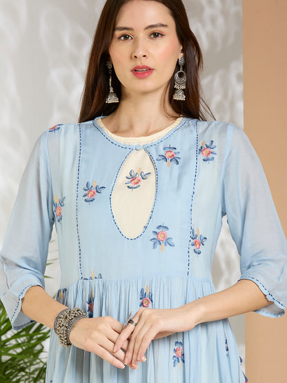 Solid Floral Embroidered A-Line Pleated Jacket with Midi Dress - Blue