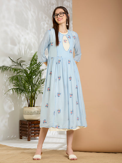 Solid Floral Embroidered A-Line Pleated Jacket with Midi Dress - Blue