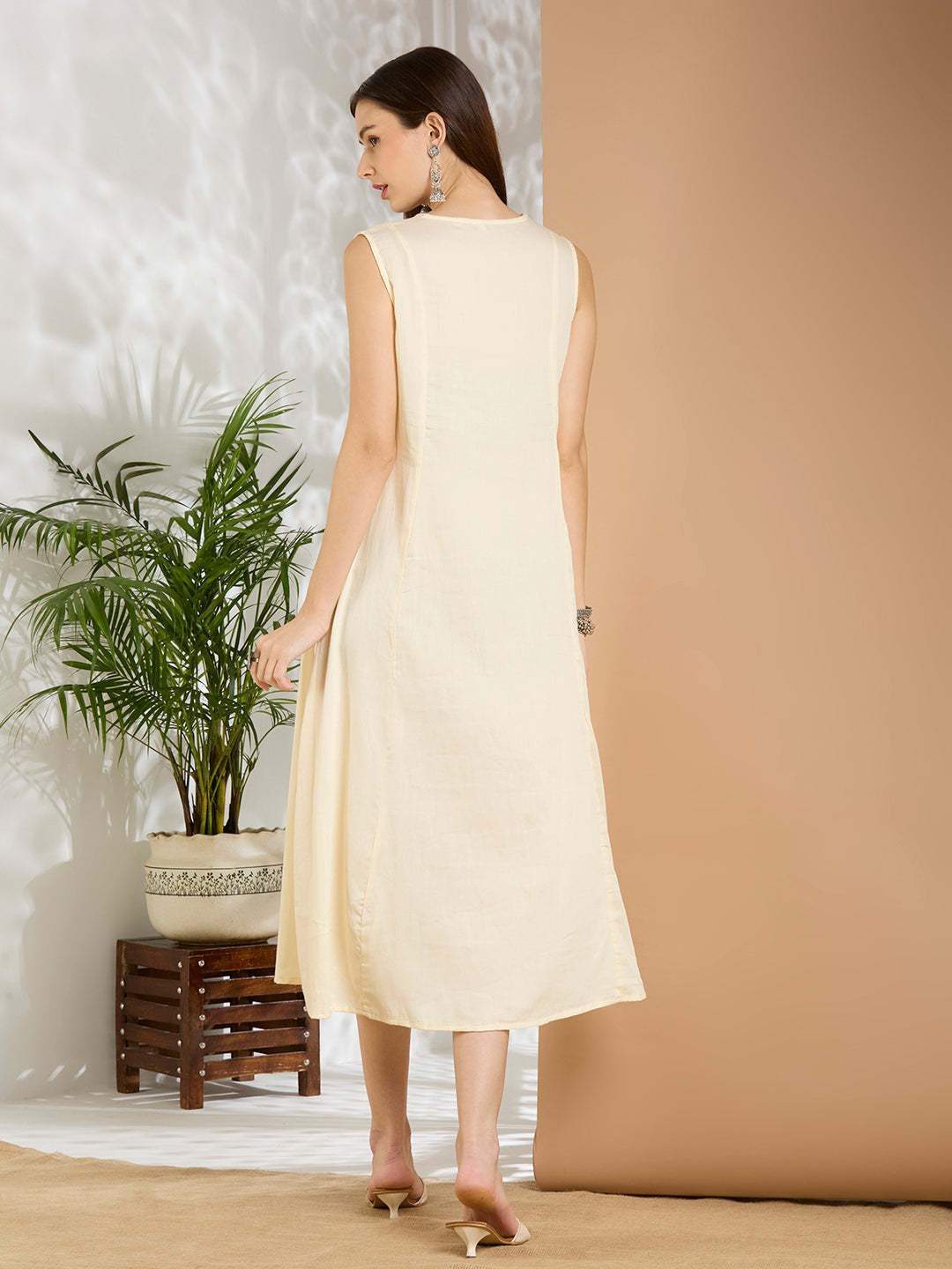 Solid Floral Embroidered A-Line Pleated Jacket with Midi Dress - Blue