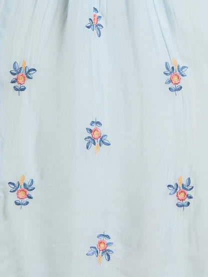 Solid Floral Embroidered A-Line Pleated Jacket with Midi Dress - Blue