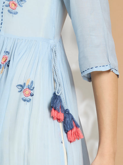 Solid Floral Embroidered A-Line Pleated Jacket with Midi Dress - Blue