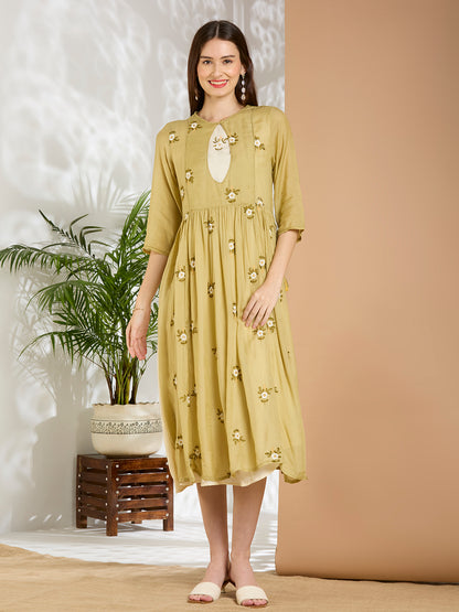Solid Floral Embroidered A-line Pleated Jacket with Midi Dress - Green