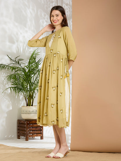 Solid Floral Embroidered A-line Pleated Jacket with Midi Dress - Green